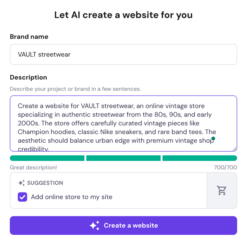 Hostinger Website Builder prompt fields
