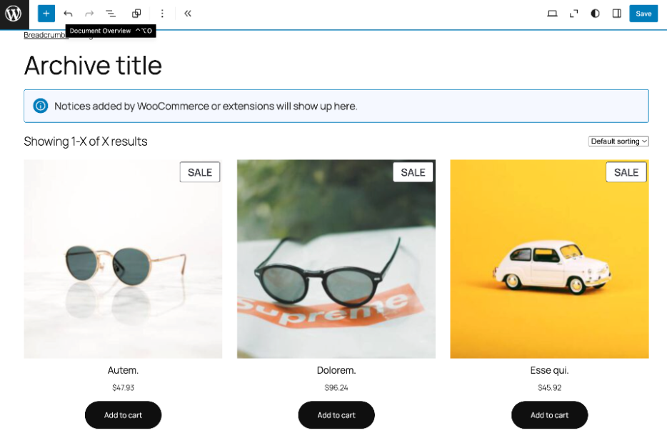 Product catalog template in Gutenberg editor