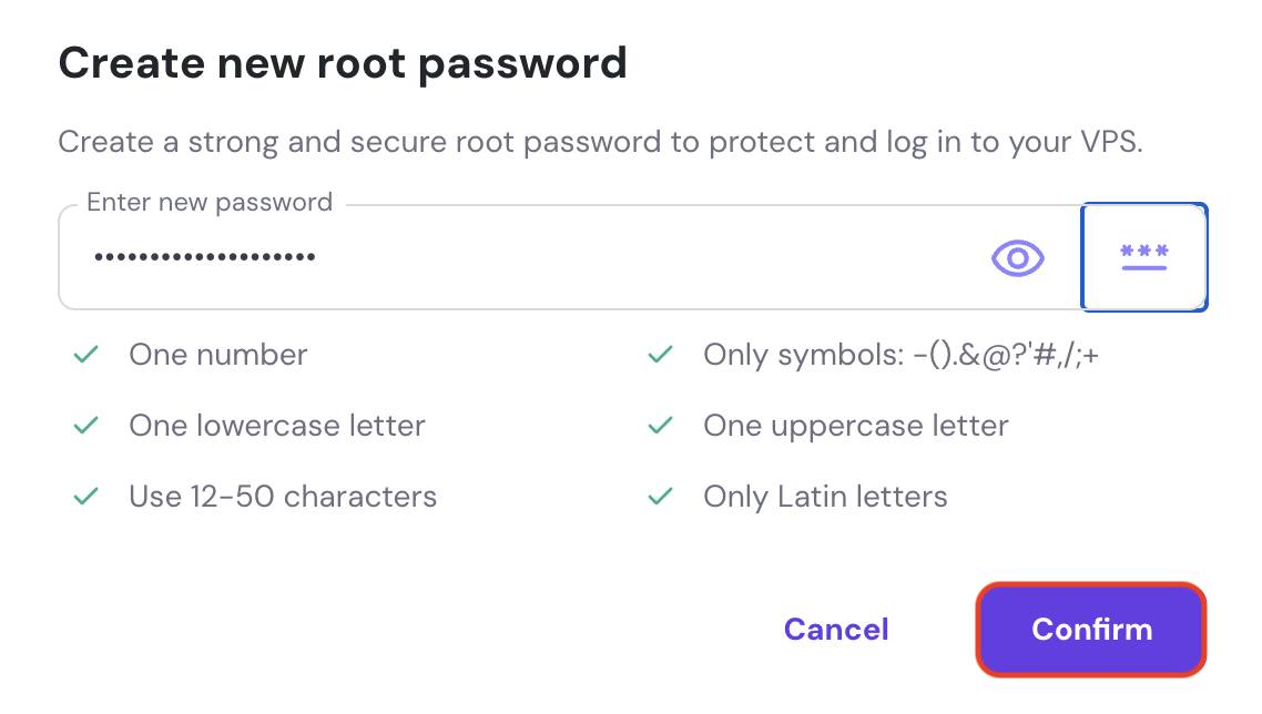 'Create new root password' screen