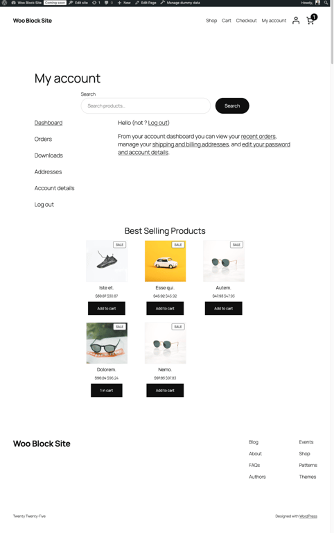 The account template with best selling products displayed