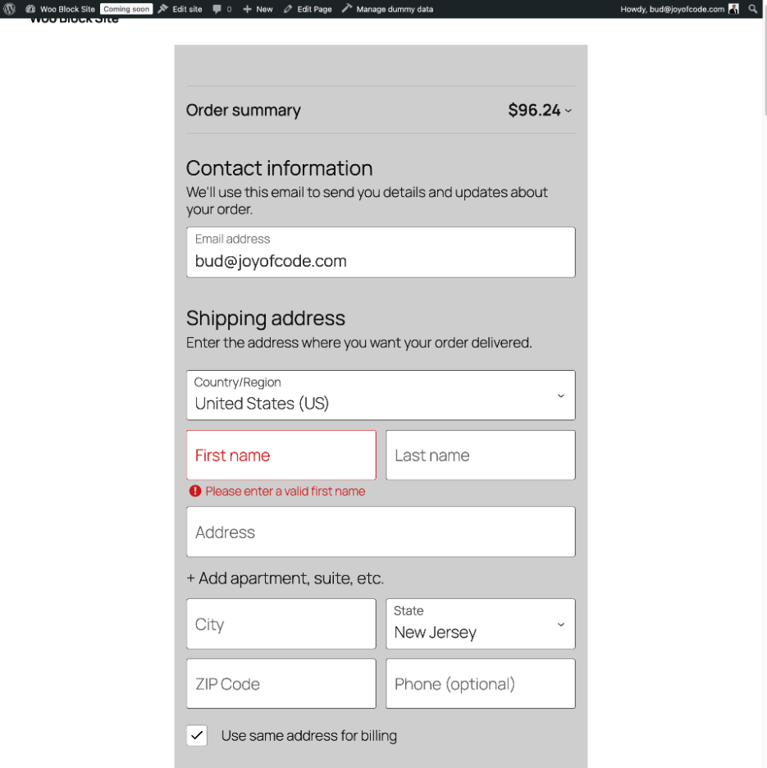 The appearance of the checkout page after customizing the template