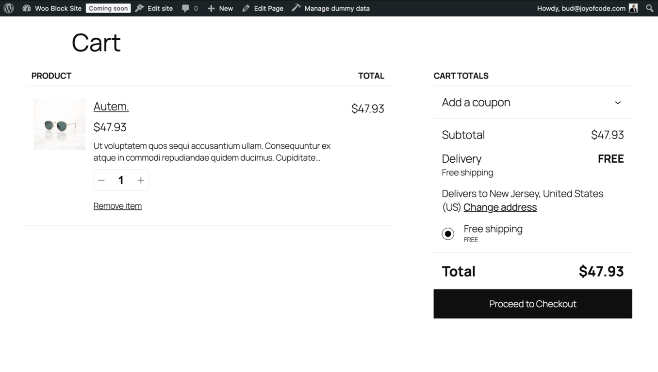 The default appearance of the cart template