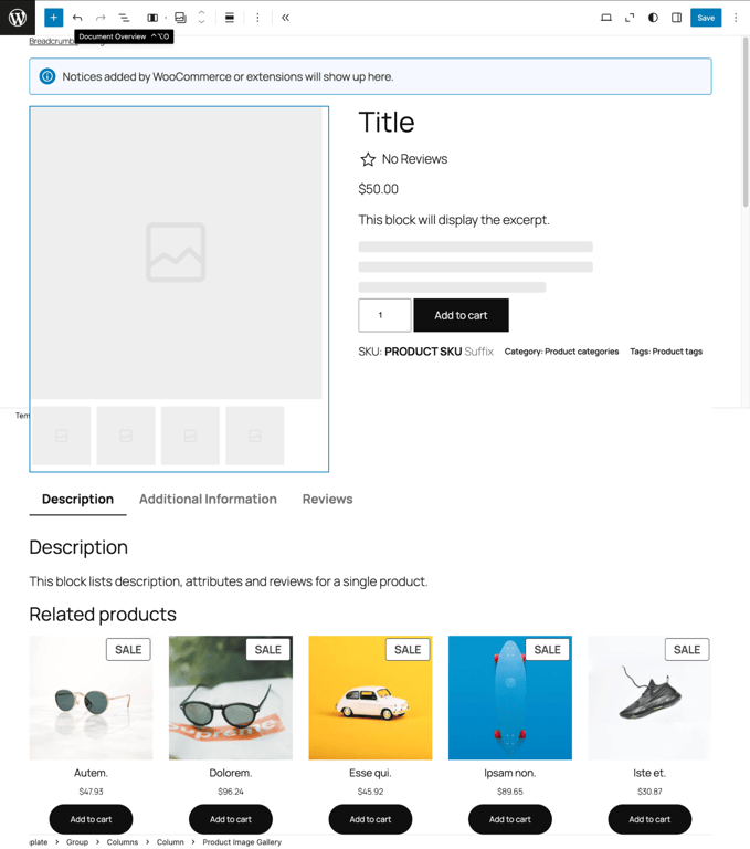 The single product template on the Gutenberg editor