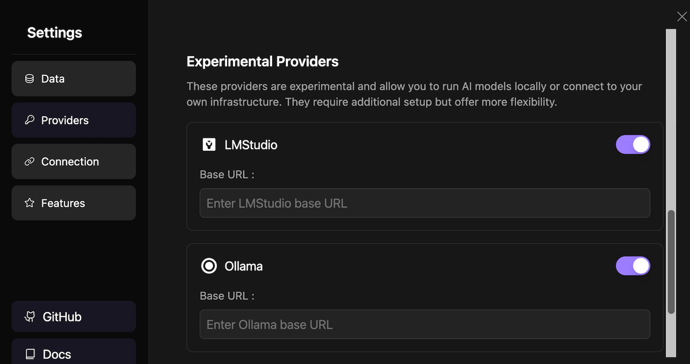 AI provider setting on Bolt.new