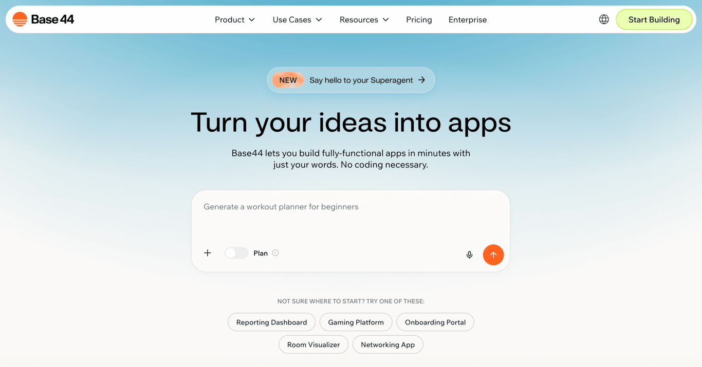 Homepage of Base44 showing chat box for prompting