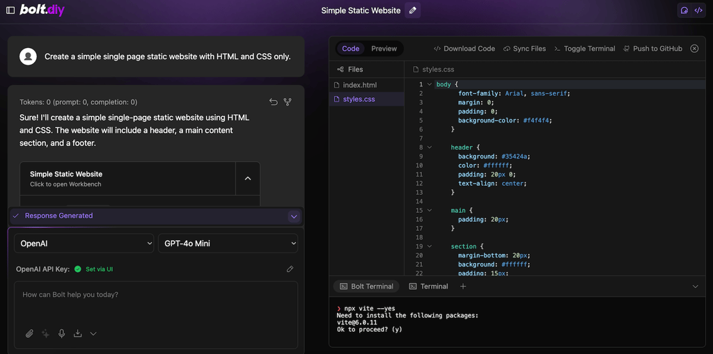 Bolt.new generates website code