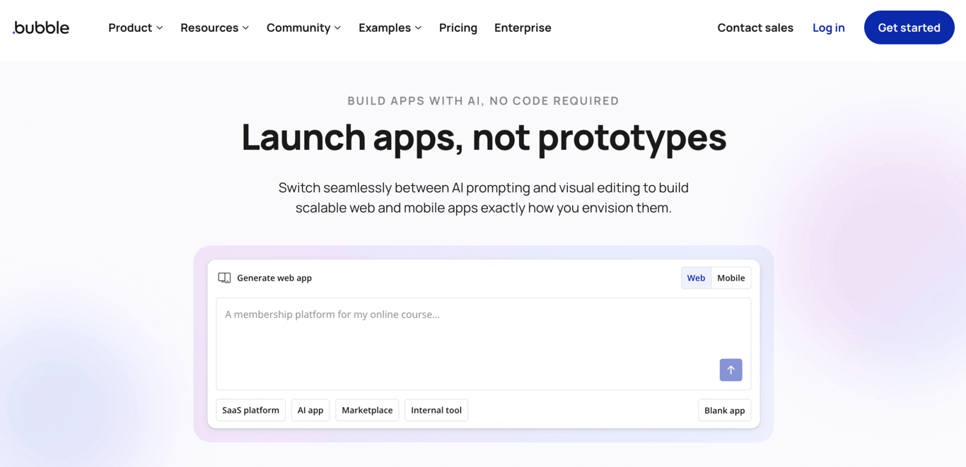 Homepage of Bubble showing chat box for prompting