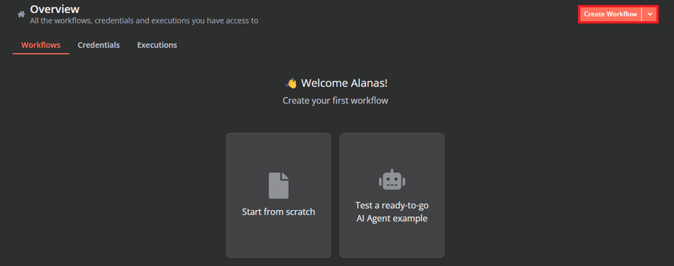 n8n instance overview page with Create Workflow option highlighted.
