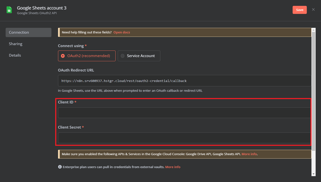 View of credentials configuration interface