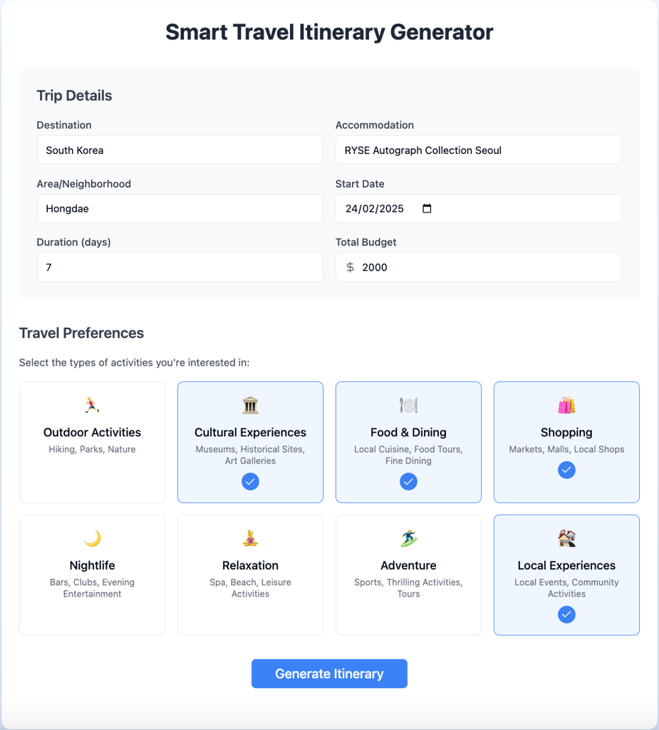 A custom travel itinerary web app interface