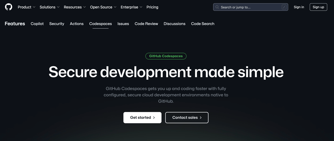 GitHub Codespaces landing page