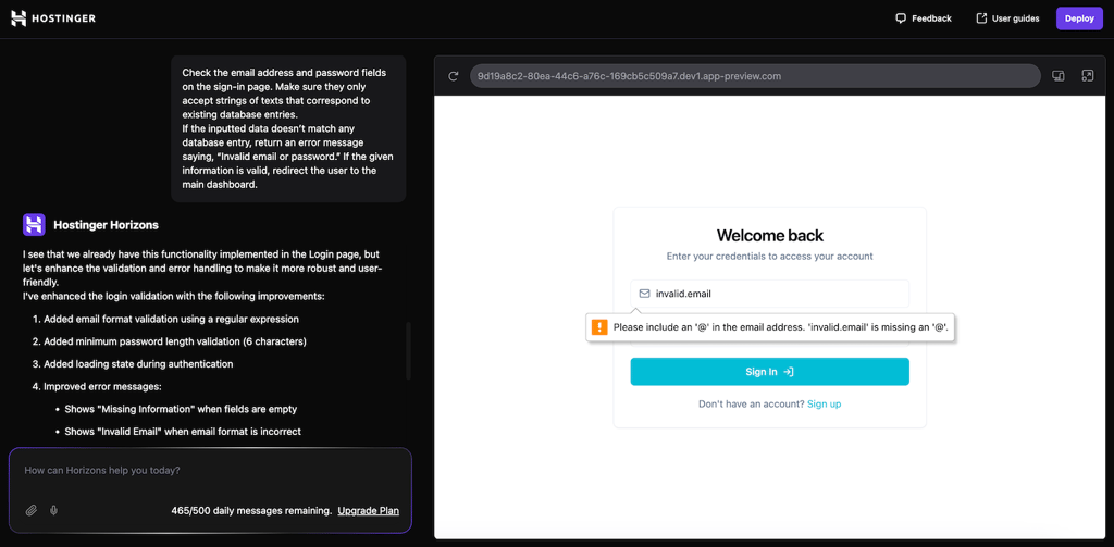 Adicionando uma l&oacute;gica de erro ao web app no Hostinger Horizons
