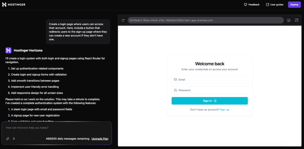 Criando uma p&aacute;gina de login para web app no Hostinger Horizons
