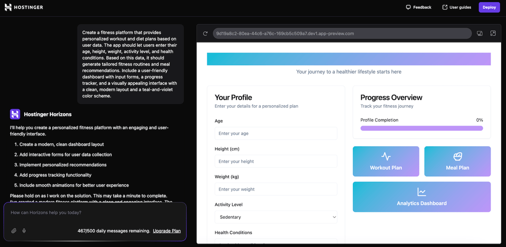 Painel de controle do Hostinger Horizons
