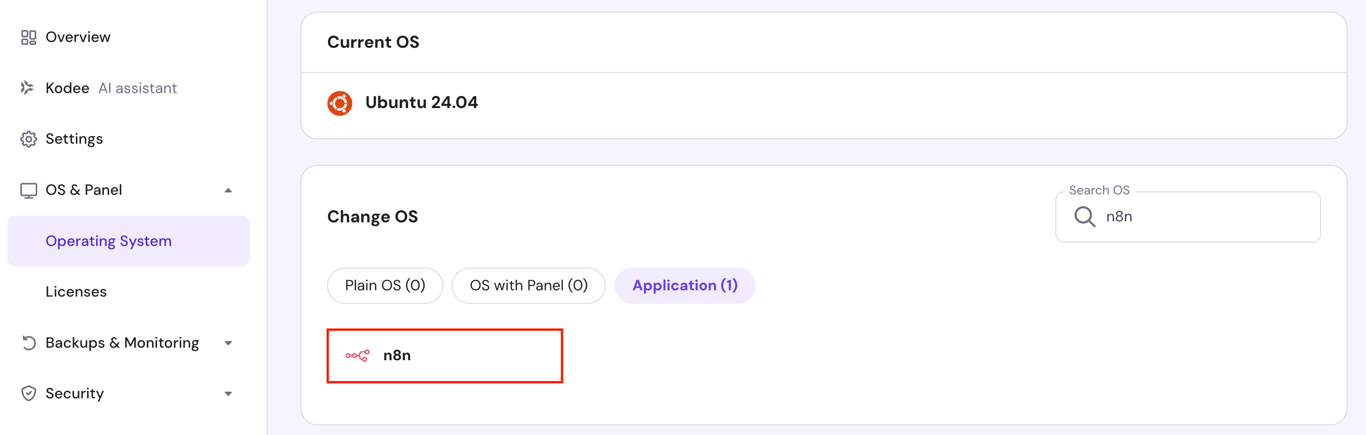 The n8n template in the Change OS section of hPanel's VPS