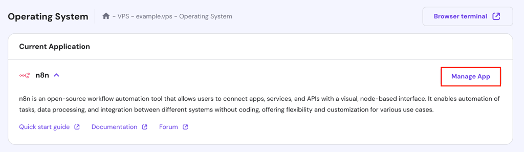 The Manage App button in the VPS Operating System page of hPanel