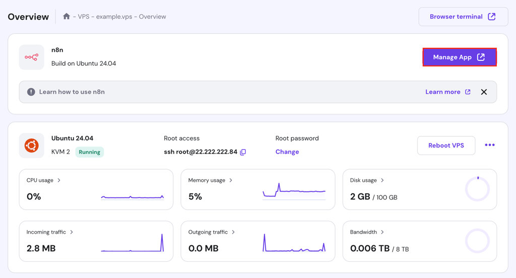 The Manage App button in the VPS Overview page of hPanel