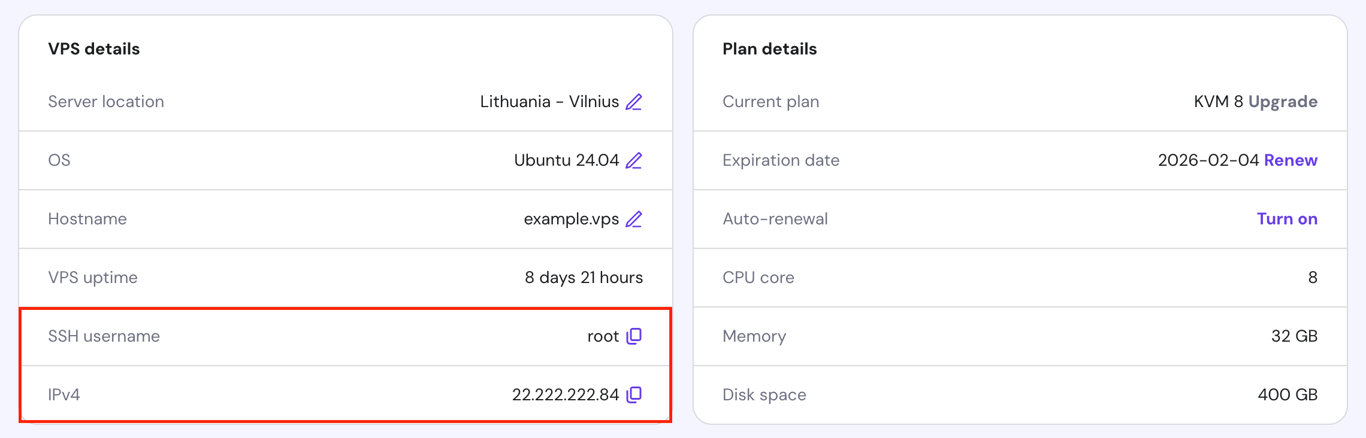 The SSH username and IPv4 information in the VPS Overview page of hPanel