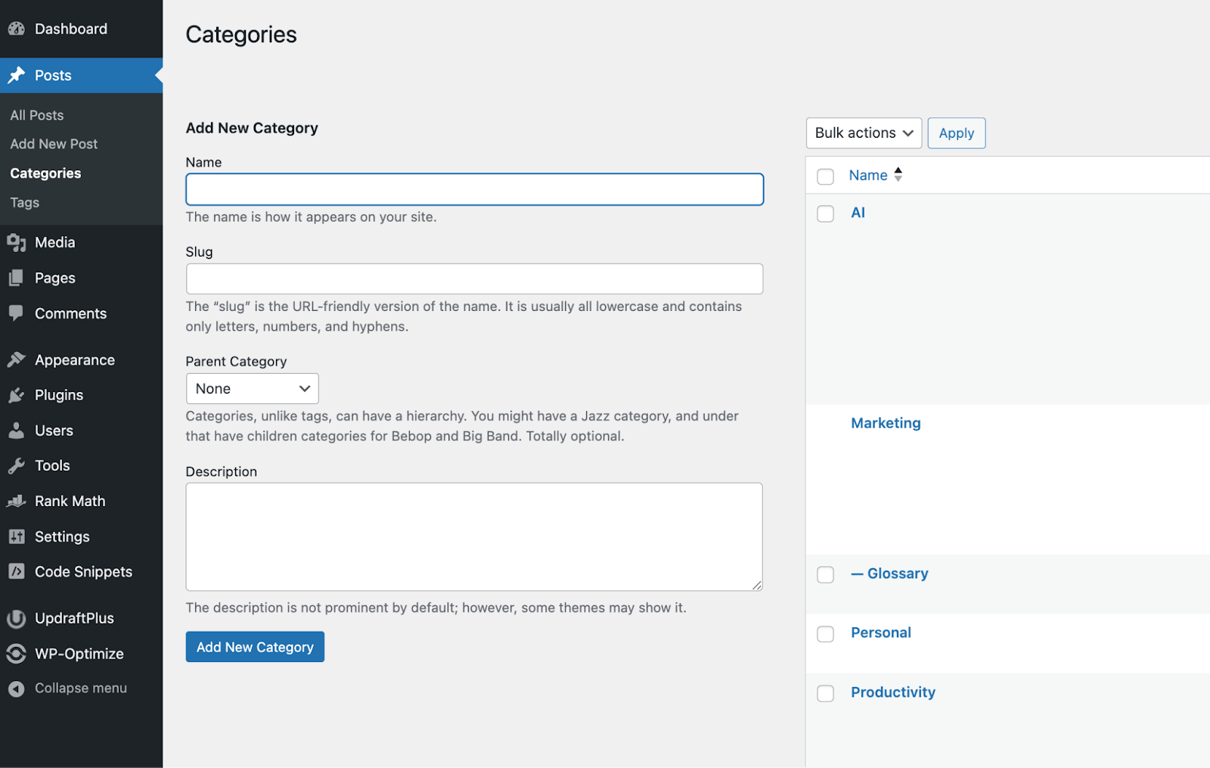 Add new category page with the name, slug, parent category, and description input fields
