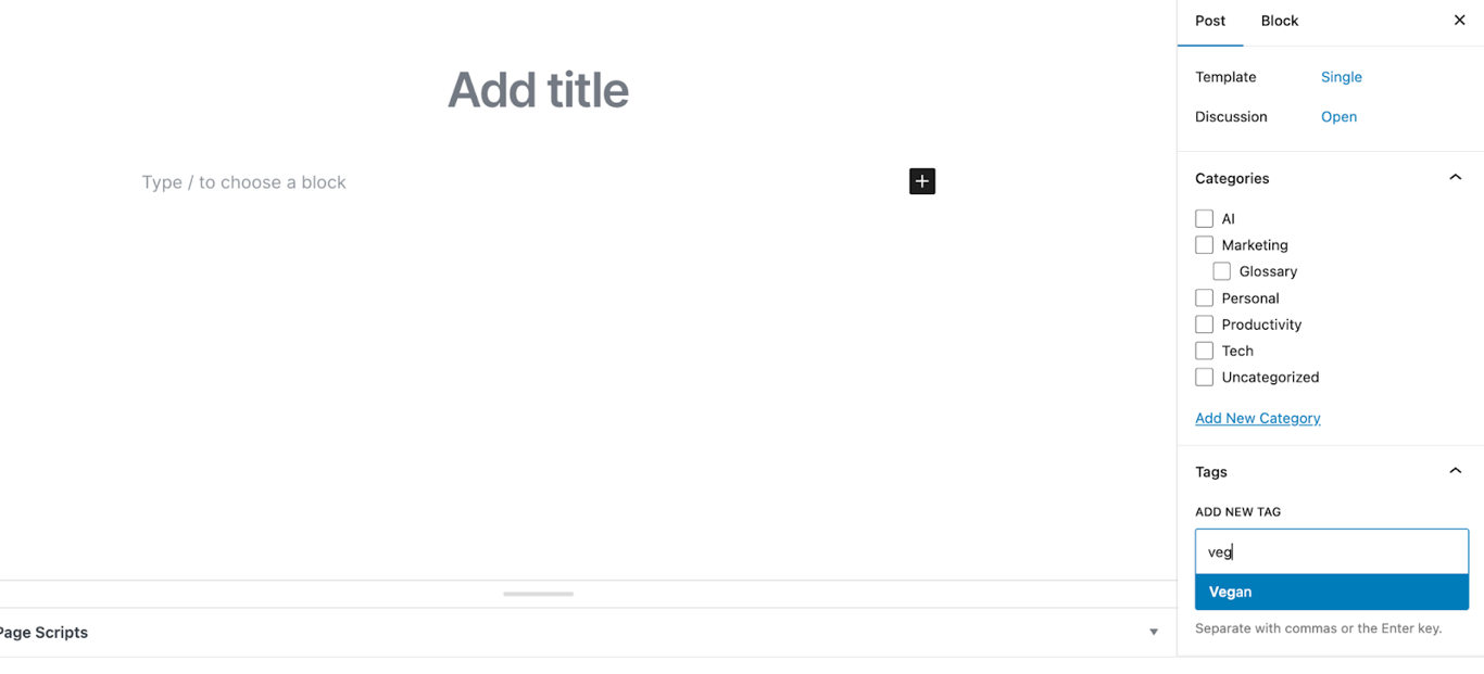 New posts page showing the tags input on the right sidebar
