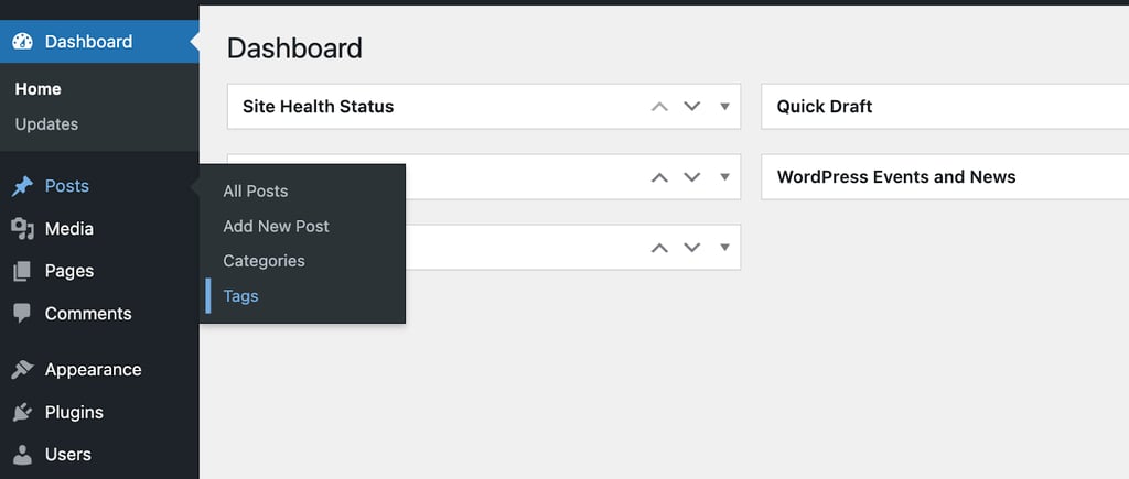 WordPress dashboard showing tags option under the posts menu