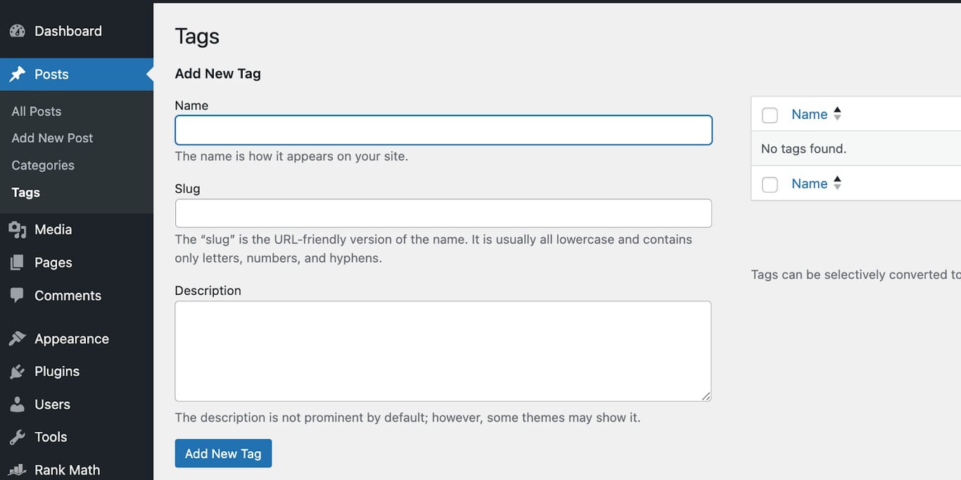 Add new tag page with the name, slug, and description input boxes
