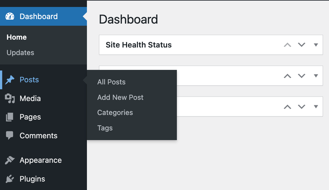 WordPress dashboard sidebar showing the posts menu
