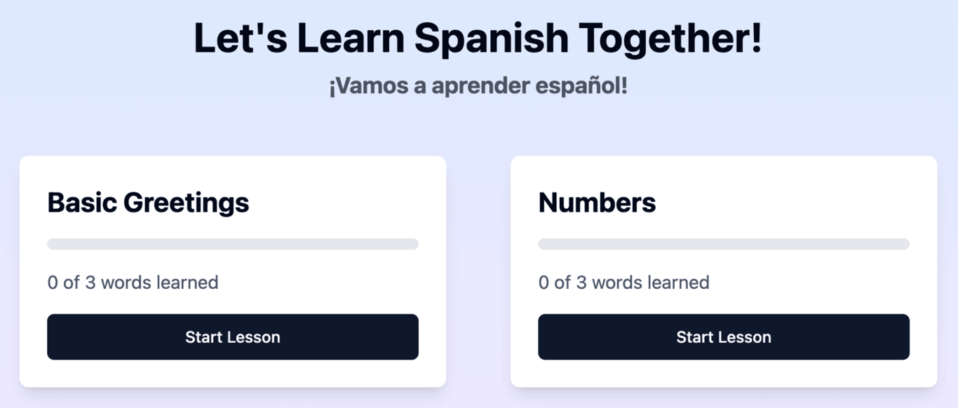 Preview of language learning web app within Hostinger Horizons