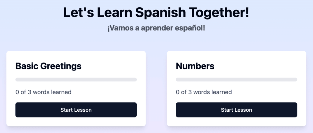 Preview of language learning web app within Hostinger Horizons