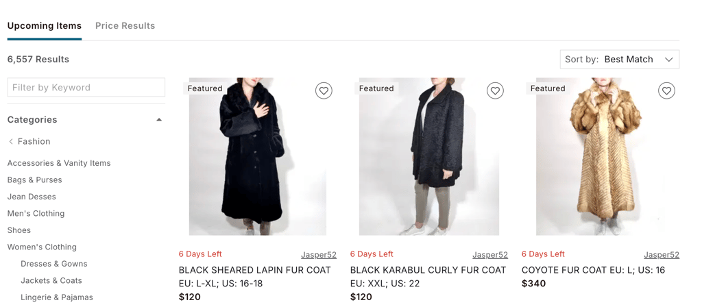 Product listings on Live Auctioneers