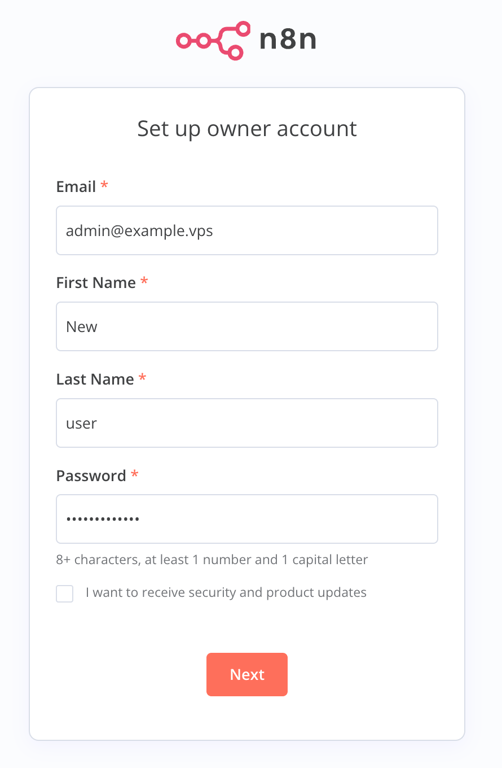 The n8n sign up page for owner account