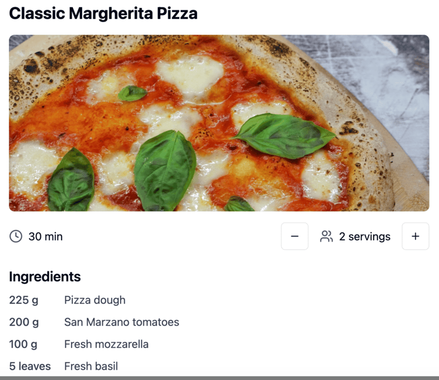 Preview of recipe web app from within Hostinger Horizons