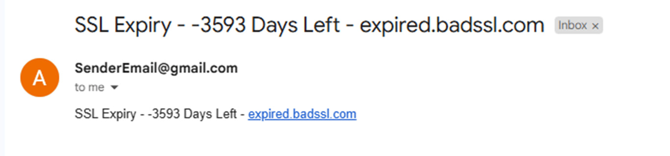 Example email message of the Send Alert Email node.