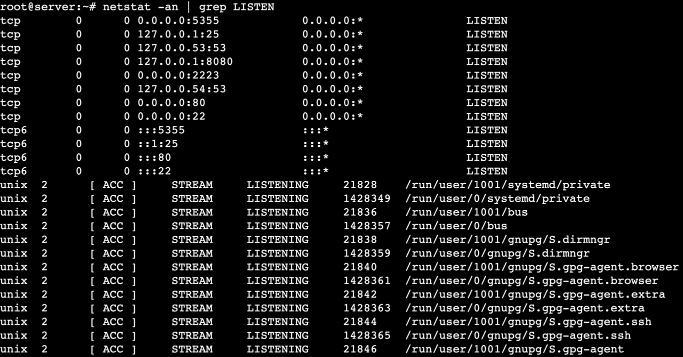 The netstat -an | grep LISTEN shows ports in the LISTEN state