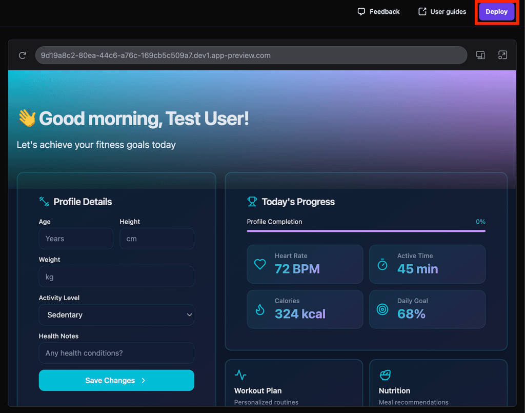 Interface do Hostinger Horizons com bot&atilde;o "deploy" em destaque

