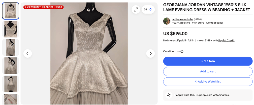 Ecommerce listing for a vintage dress from 1950's