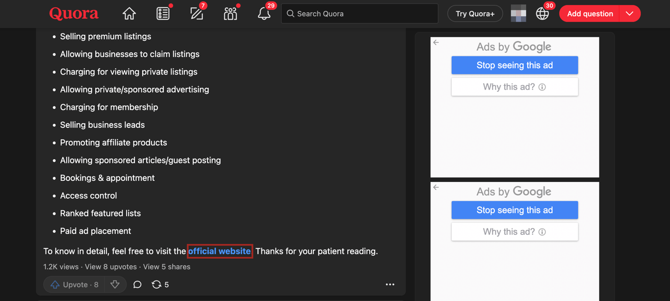 sharing affiliate links on Quora