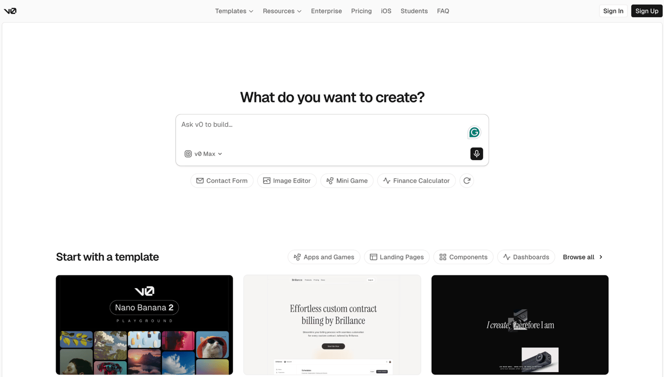 V0 landing page