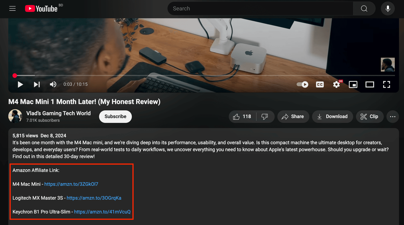 Share affiliate links in YouTube videos