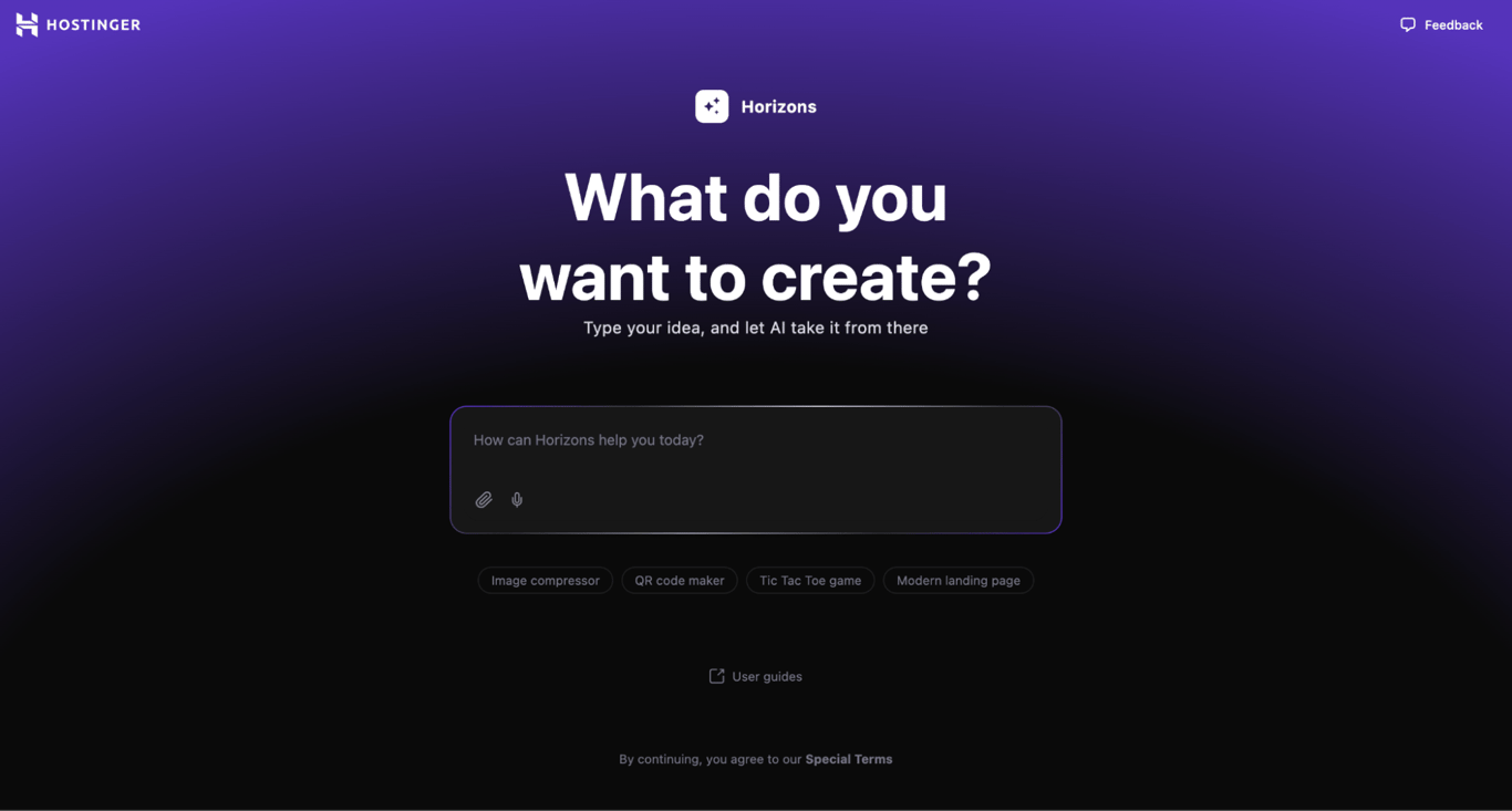 Hostinger Horizons start screen
