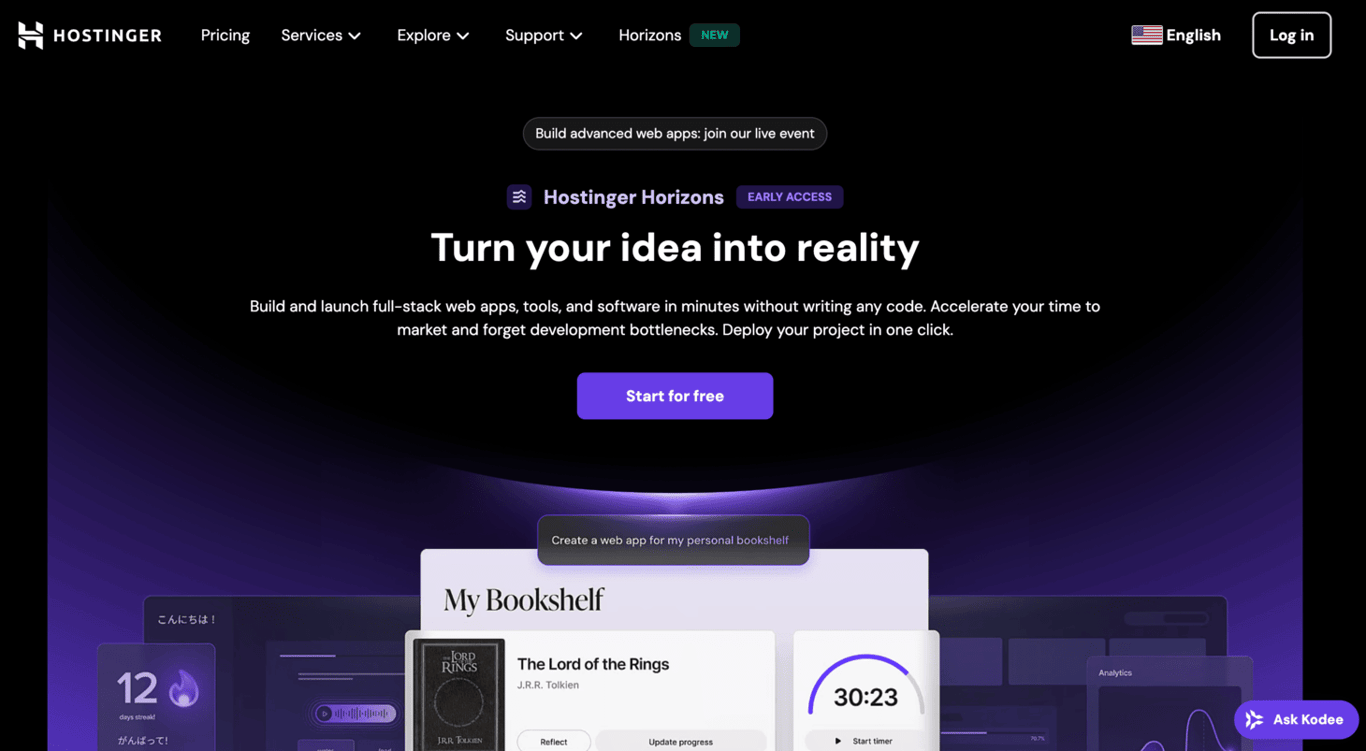 Hostinger Horizons landing page