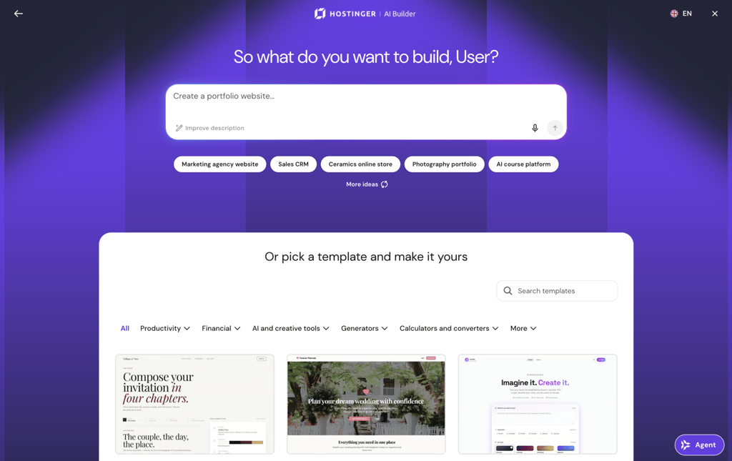Hostinger AI Builder initial prompting page
