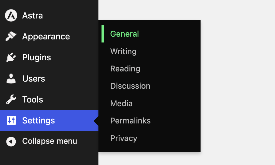 WordPress dashboard showing how to visit the general settings.