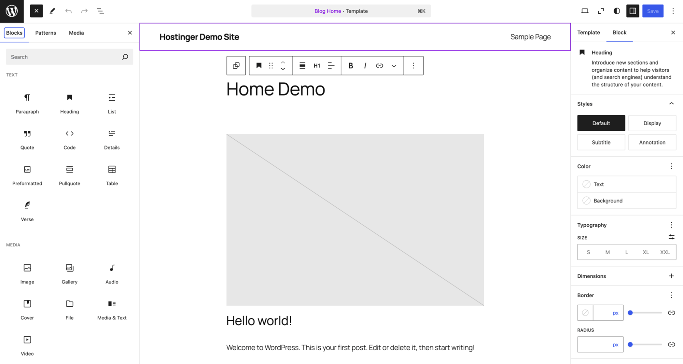 Screenshot of the WordPress Site Editor interface for editing your website's homepage.