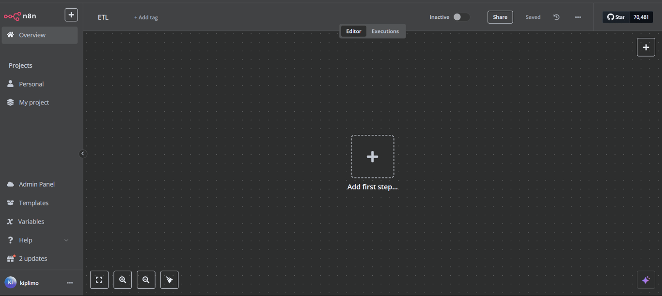 The n8n workflow editor canvas before triggers or nodes have been added to it