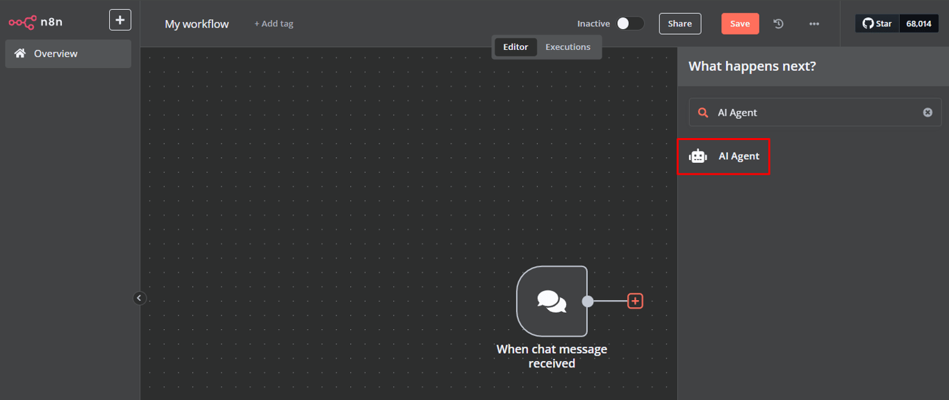 Adding AI agent node.