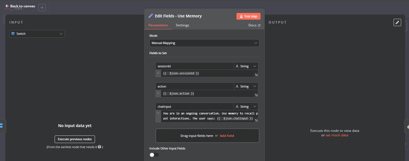 Edit Fields node for memory.