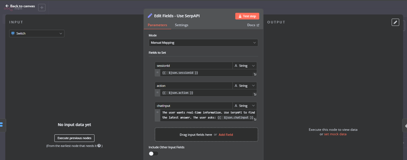 Edit Fields node for SerpAPI.