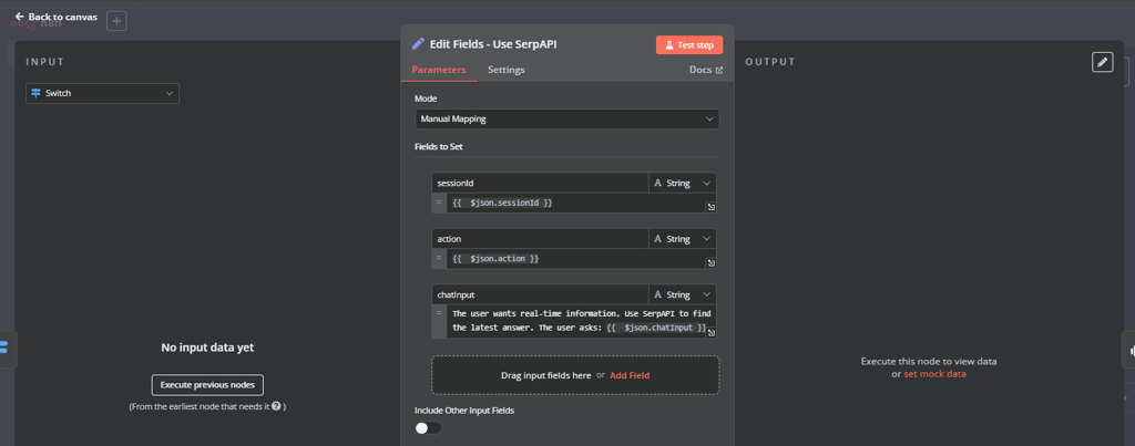 Edit Fields node for SerpAPI.