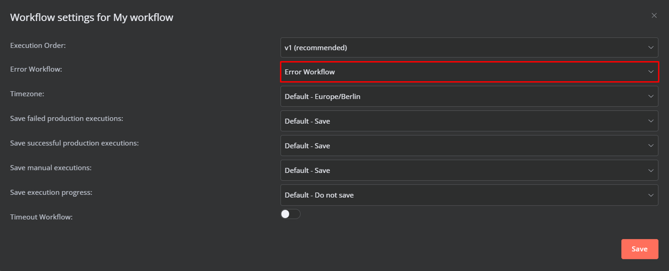 Setting Error workflow to be triggered upon an error.